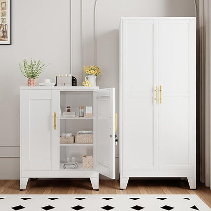White Metal Storage Cabinet, 36" Tall Locking Storage Cabinet with 2 Adjustable Shelves, Steel Locker Organizer, for Office, Home, School