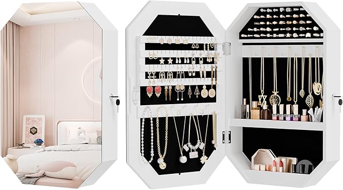 Bonnlo Modern Diamond-Shaped Jewelry Armoire, Lockable Octagonal Jewelry Cabinet Organizer with Mirror, Wall Mounted for Space Saving