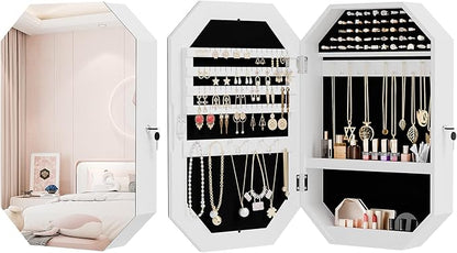 Bonnlo Modern Diamond-Shaped Jewelry Armoire, Lockable Octagonal Jewelry Cabinet Organizer with Mirror, Wall Mounted for Space Saving