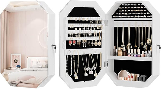 Bonnlo Modern Diamond-Shaped Jewelry Armoire, Lockable Octagonal Jewelry Cabinet Organizer with Mirror, Wall Mounted for Space Saving