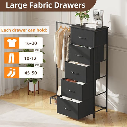 Somdot Dresser with Hanging Rack, 5 Drawers Small Closet for Bedroom, Reversible Dresser with Clothes Rack, Kids Dressers for Bedroom Chest of Drawers, Tall Storage Tower, Black