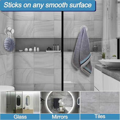 Shower Hooks for Inside Shower, Vacuum Suction Cup Hooks for Glass Window, Mirror, No Drill Towel Hooks for Bathrooms, Bath Robe Coat Looafh Wreath Hook for Hanging - 4 Pack, Silver