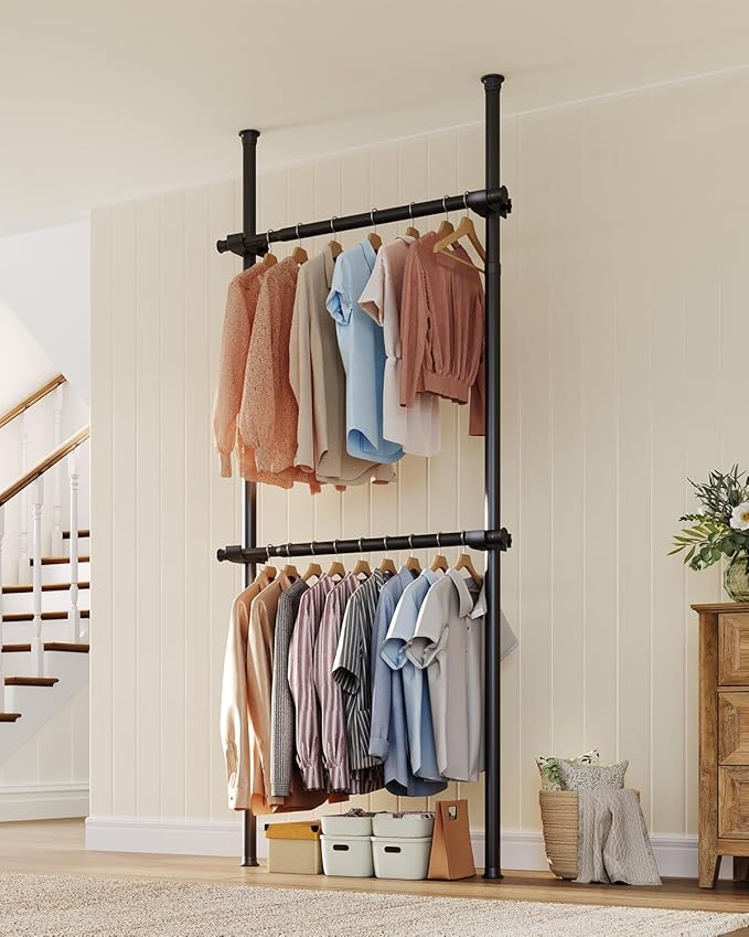 Floor to Ceiling Clothes Rack, Heavy-Duty Telescopic Garment Rack, 43–122in Height & 30–47in Width, 220lbs Total Load Capacity, 2-Pole, Black