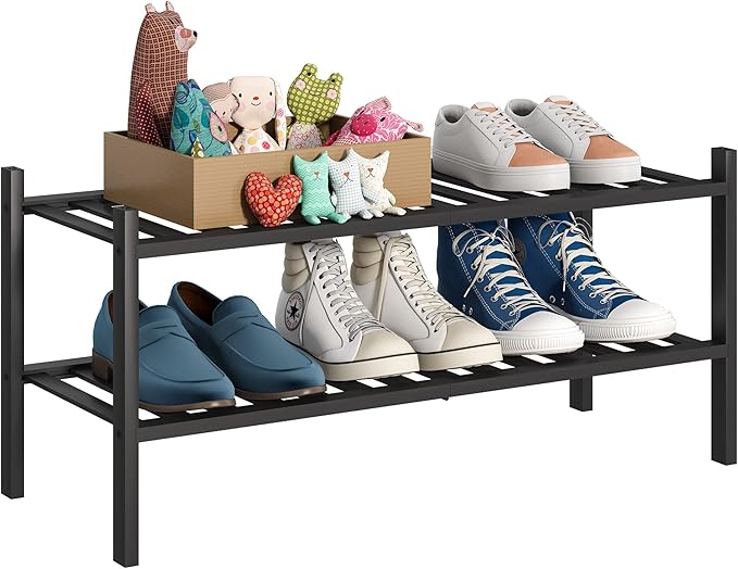 BMOSU 2-Tier Bamboo Shoe Rack Premium Stackable Shoe Shelf Storage Organizer for Hallway Closet Living Room Entryway Organizer (Black Bamboo)