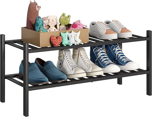BMOSU 2-Tier Bamboo Shoe Rack Premium Stackable Shoe Shelf Storage Organizer for Hallway Closet Living Room Entryway Organizer (Black Bamboo)