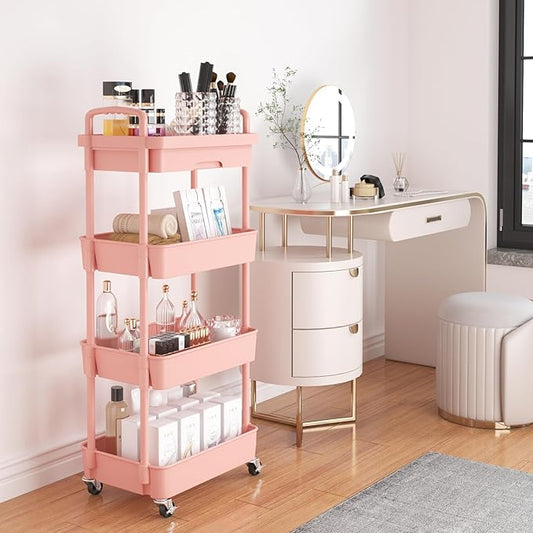 Calmootey 4-Tier Rolling Utility Cart with Drawer,Multifunctional Storage Organizer with Plastic Shelf & Metal Wheel,Storage Cart for Kitchen,Bathroom,Living Room,Office,Pink