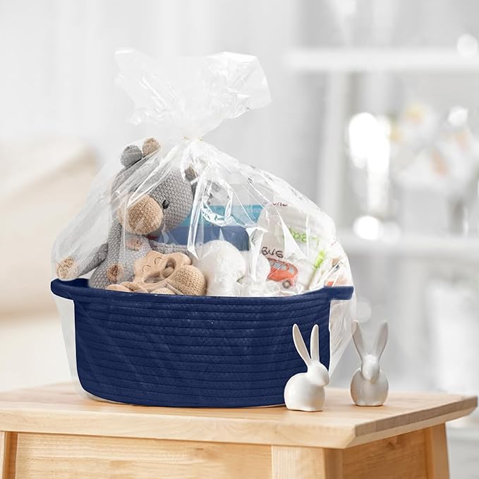 Small Woven Gift Basket, Baskets for Gifts Empty, Cotton Rope Cat Dog Toy Bin Box, Nursery Baby Basket, Wicker Basket with Handles, Shelf Storage Basket for Home Decor, Blue, 12"x 8"x 5"