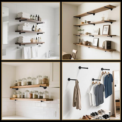 Industrial Pipe Clothing Rack 12 Inch 2 Pack, Wall Mounted Closet Rod-Pipe Shelf Brackets Heavy Duty Clothes Rack for Hanging Clothes Rustic Metal Garment Holder Laundryroom