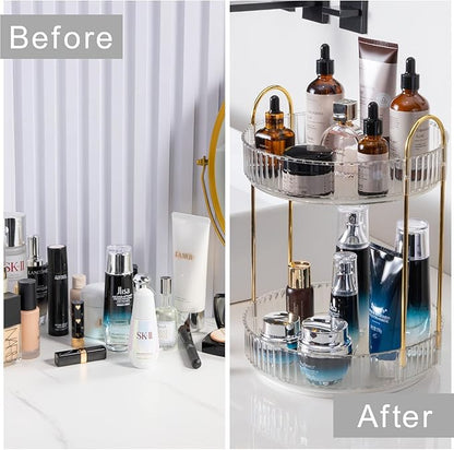 Rotating Makeup Organizer for Vanity, High-Capacity Skincare Clear Make Up Storage Perfume Organizers Cosmetic Dresser Organizer Countertop 360 Spinning (Clear, 2 Tier)