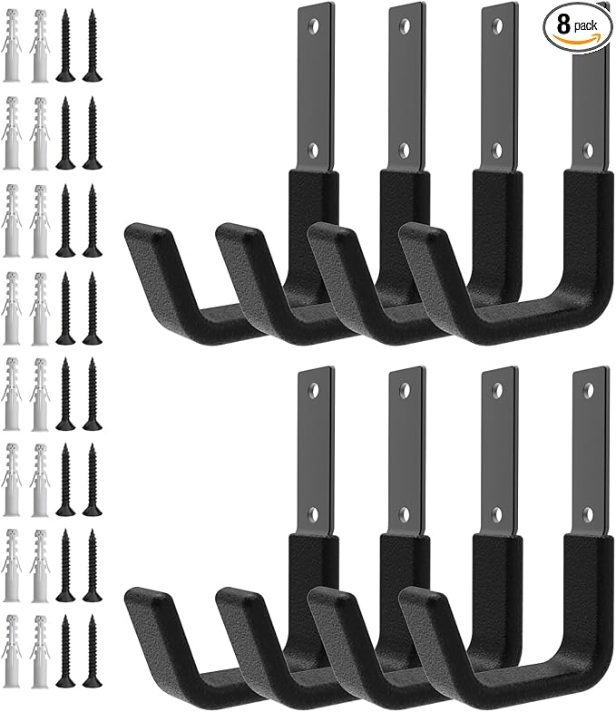 Heavy Duty Utility Hooks - Wall Mount, Hose Holder, Bike & Ladder Hooks, Chainsaw & Leaf Blower Hanger - 8 Small