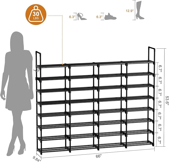WOWLIVE Extra Large Shoe Rack, 4 Rows 8 Tier 56-64 Pairs Big Tall Metal Shoe Organizer, Stackable, Large Capacity Boot Rack Storage Organizer for Entryway, Closet, Garage, Black
