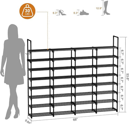 WOWLIVE Extra Large Shoe Rack, 4 Rows 8 Tier 56-64 Pairs Big Tall Metal Shoe Organizer, Stackable, Large Capacity Boot Rack Storage Organizer for Entryway, Closet, Garage, Black