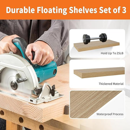 Floating Shelves for Wall Set of 3, 16" Light Brown Wood Wall Shelves for Home Decor, Frame Display Floating Shelf for Living Room, Bedroom, Bathroom, Kitchen