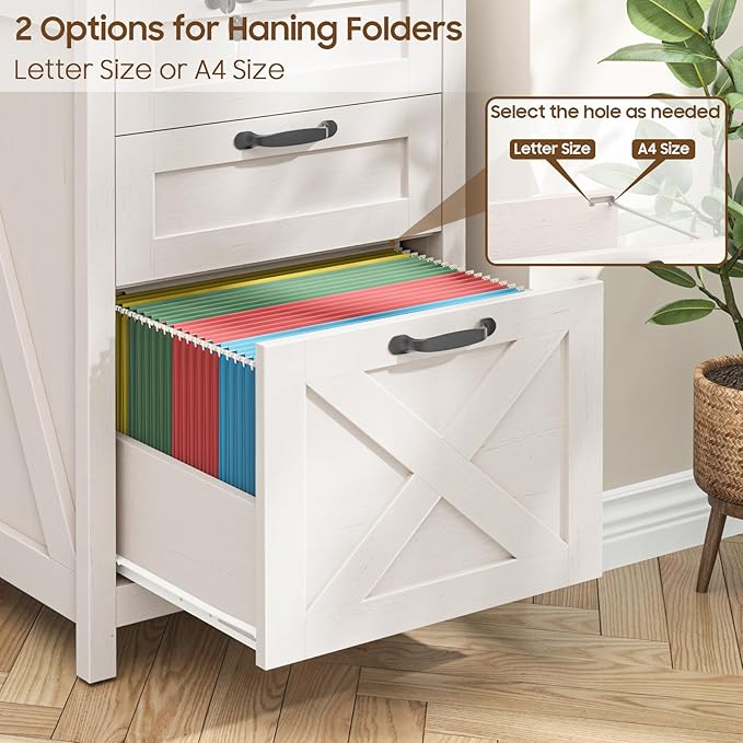 3 Drawer Small File Cabinet with Lock, Farmhouse Vertical Filing Cabinet Fits Letter and A4 Size, Under Desk Wooden File Cabinets for Home Office, Printer Stand, Rustic White