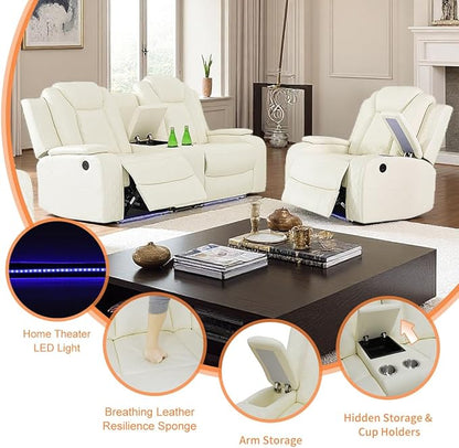 Power Recliner Sofa Set with LED, Leather Reclining Sofa Set Living Room Furniture Set, 2PCS Recliner Loveseat & Chair Sets with Smart Charging Pad,Cup Holders for Home/Office
