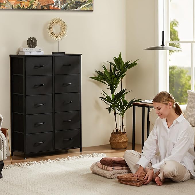 Sweetcrispy Tall Dresser for Bedroom, Drawer Dresser Organizer Storage Drawers with 10 Drawers, Chest of Drawers with Fabric Bin, Steel Frame, Wood Top for Bedroom, Closet, Entryway
