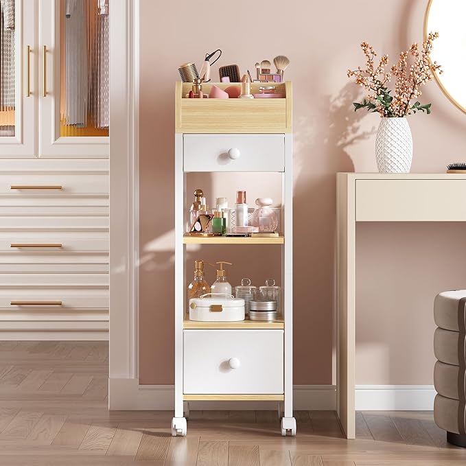 HOOBRO Makeup Organizer Cart with Fabric Drawers, Mobile Makeup Storage with Swivel Casters and Leveling Feet, Cosmetics Display Holder for Bathroom and Bedroom Vanity, White and Natural WN20TC04