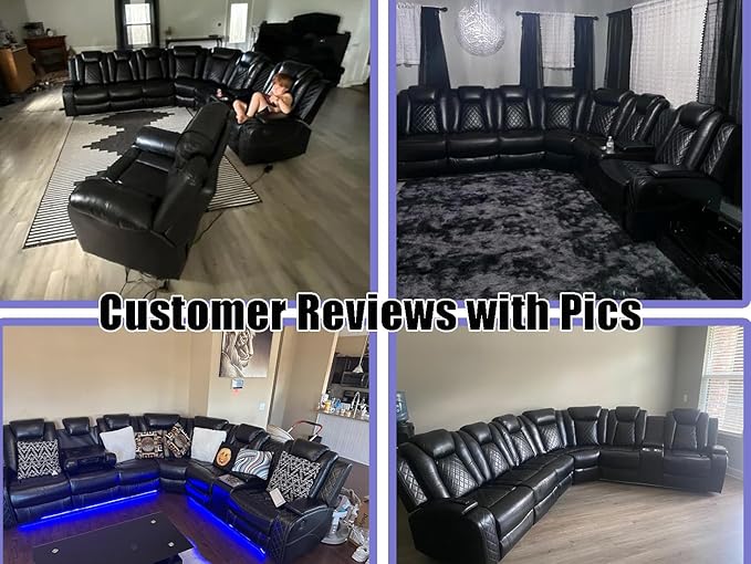 Living Room Furniture Set, Power Sectional Recliner Sofa Set with LED Light,Black Air Leather Power Reclining Sofa with 2 Recliner Seats/Cup Holders/USB Port/Storage Console for Living Room