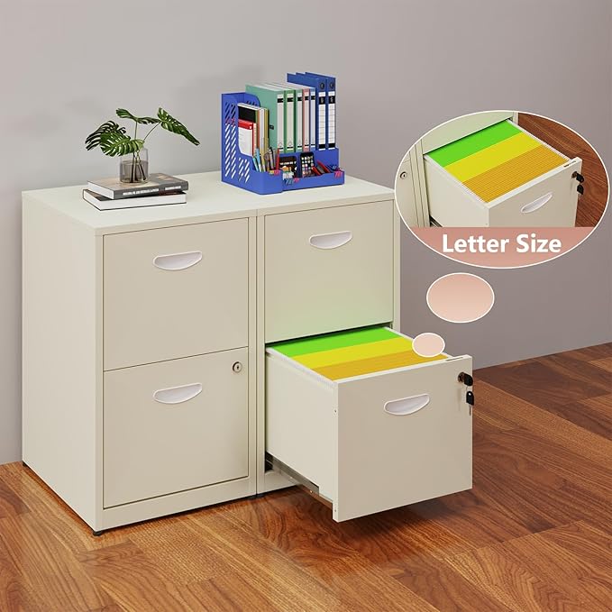 2 Drawer File Cabinet with Lock, Locked Filing Cabinets for Home Office, Small File Cabinets for Under Desk, Metal Files Cabinet for Hanging Letter Size, Cream, Assembly Required