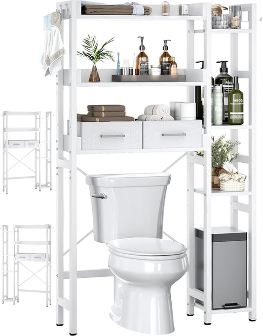 Over The Toilet Storage with 2 Drawers - 7 Tier Bathroom Organizer with Adjustable Shelf, Freestanding Space Saver Storage Rack Above Toilet Stand with 4 Hooks for Restroom, Laundry, White