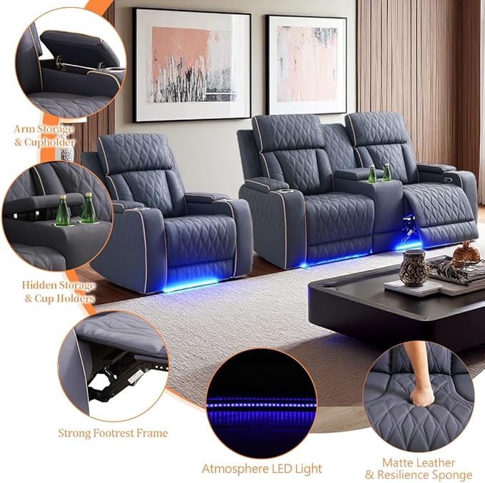 3 Pieces Reclining Living Room Set, Matte Leather Power Recliner Loveseat Chair Set, Living Room Furniture Sets with LED, Cup Holders Hidden Storage for Home/Office/Meeting Room,Creamy White