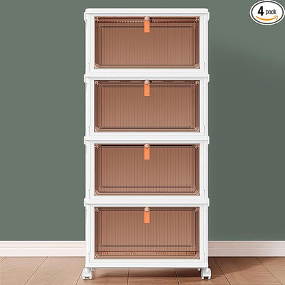 4 Tier Plastic Storage Bins with Lid 23.1QT, Stackable Storage Containers with Wheels, Folding Storage Boxes, Collapsible Storage Bins, Closet Organizers and Storage for Living Room