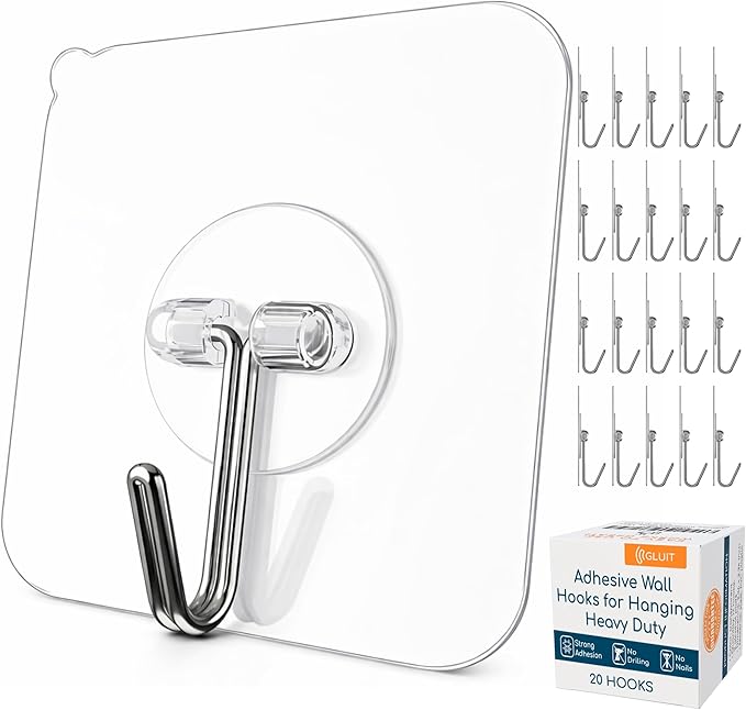 GLUIT Adhesive Wall Hooks for Hanging Heavy Duty 22 lbs Hooks for Walls No Drill, Towel Sticky Clear Hooks, Waterproof, Home, Bathroom, Kitchen, Office, and Outdoor 20 Pack