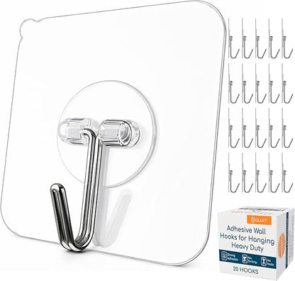 GLUIT Adhesive Wall Hooks for Hanging Heavy Duty 22 lbs Hooks for Walls No Drill, Towel Sticky Clear Hooks, Waterproof, Home, Bathroom, Kitchen, Office, and Outdoor 20 Pack