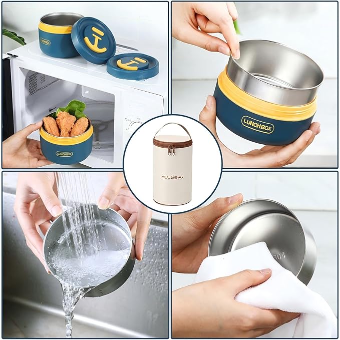 Dandat 3 Pcs Portable Insulated Lunch Container Set for Adult, Stackable Stainless Steel Bento Box for Hot Food with Insulated Lunch Bag Unisex 3 Separate Thermal Food Container (Blue)