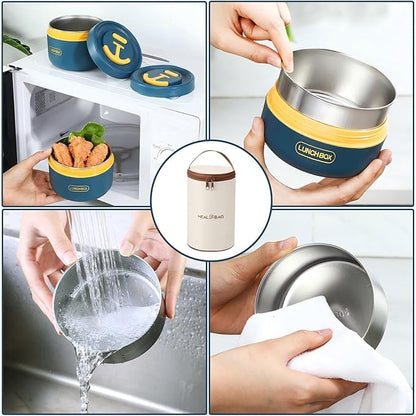 Dandat 3 Pcs Portable Insulated Lunch Container Set for Adult, Stackable Stainless Steel Bento Box for Hot Food with Insulated Lunch Bag Unisex 3 Separate Thermal Food Container (Blue)