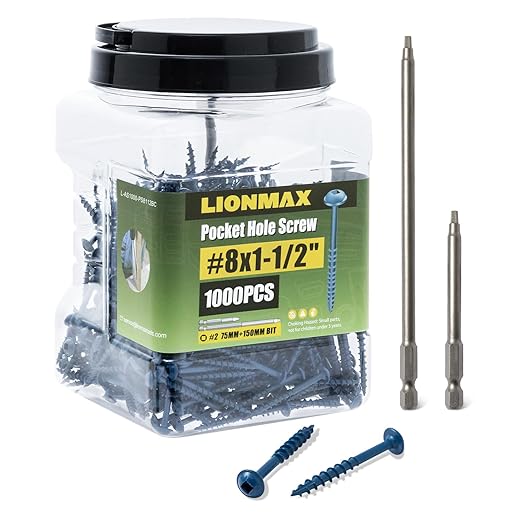 LIONMAX Pocket Hole Screws 1-1/2 Inch, 1000 PCS Exterior Pocket Screw #8 x 1-1/2", Coarse Thread, Square Drive, Washer Head, Blue Coated Weather Resistant, 150MM and 75MM Drive Bit Included