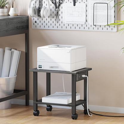 TUTOTAK 2 Tier Printer Stand, Rolling Printer Cart with Power Outlets and USB Ports, Mobile Printer Table with Wheels, for Under Desk, Office, Home, Charcoal Grey PS01BY001