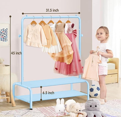 Kids Clothing Rack - Dress Up Clothes Storage Racks - Modern Wardrobe - Small Kids Costume Wardrobe Rack with 2 Fabric Floors Storage Shelf -Blue Dresser for Kids Bedroom