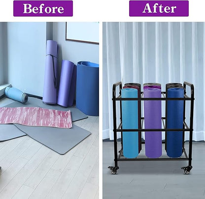 MM MELISEN Black Yoga Mat Storage Rack, Home Gym Studio Organizer Cart for Foam Roller, Yoga Strap and Resistance Bands, Movable Black Sports Equipment Storage Rack with Wheels