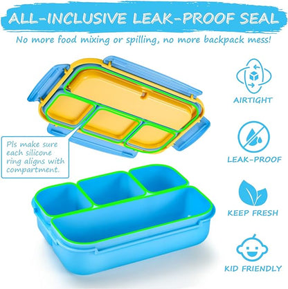 QQKO Bento Lunch Box for Kids Girls Boys, Toddler Kids Lunch Boxes for School, Lunch Containers for Adults with 4 Compartments, Sauce Container, Utensils, Food Picks and Muffin Cups, Blue