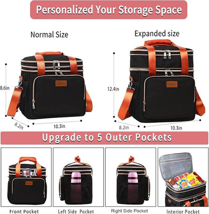 Expandable Insulated Lunch Box for Women Men, Double Deck Large Lunch Bag Tote Leakproof Lunch Cooler with Shoulder Strap for Adults Work Shift Outdoor Picnic Daytrip, (Black, 16L),GLENKEY