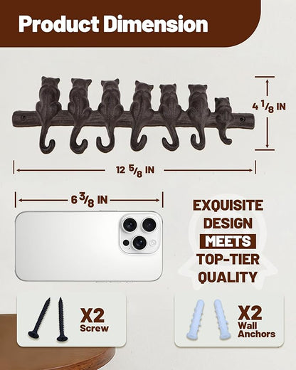 Cat Tail Wall Hooks for Hanging - Cast Iron Vintage Wall Decor Coat Rack - Vintage Rustic Design Hat Hooks for Kitchen, Entryway - Handmade Heavy Duty Key Hook