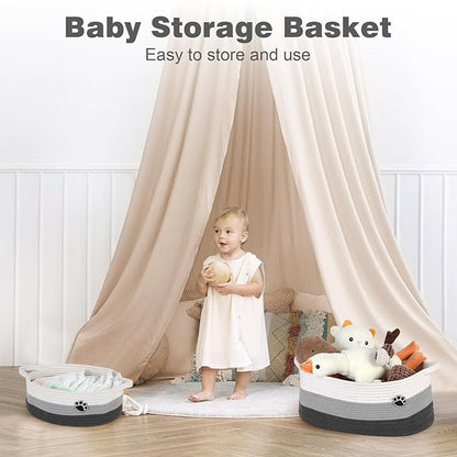 Dog Toy Basket, Toy Box and Bin for Dog Cat Storage, 19.7" X 11" X 7.9" (30L) Large Woven Basket for Blanket Storage, Rope Baskets for Living Room, Bedroom, White & Grey