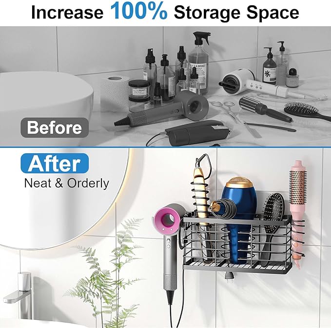 Hair Tool Organizer, 3-in-1 Universal Hair Dryer Holder, Adjustable Height Metal Blow Dryer Holder Wall Mounted/Over Cabinet Door/Free-Standing, 12.2 * 5 * 6.1" (XL Black)