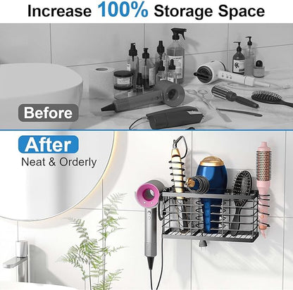 Hair Tool Organizer, 3-in-1 Universal Hair Dryer Holder, Adjustable Height Metal Blow Dryer Holder Wall Mounted/Over Cabinet Door/Free-Standing, 12.2 * 5 * 6.1" (XL Black)