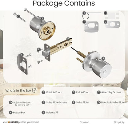 HOSOM Privacy Door Knob with Lock,2 Pack Interior Door Knobs for Bedroom and Bathroom, Keyless Doorknob with Round Ball, Satin Nickel Door Handle
