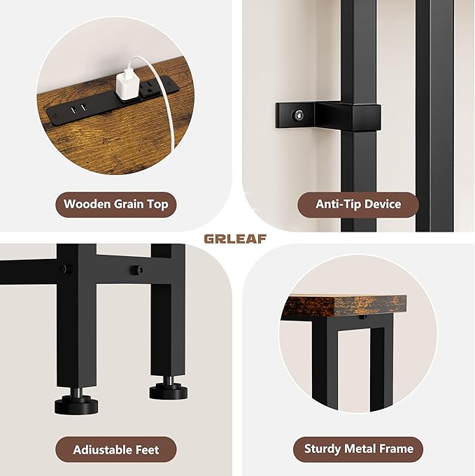 GRLEAF 78" Sofa Table with Built-in Power Strip (2 AC Outlets & 2 USB Ports) – 4.9ft Power Cord, Metal Frame, Easy Assembly, Long Couch Table Behind Sofa, Living Room and Home Office | Rustic Brown