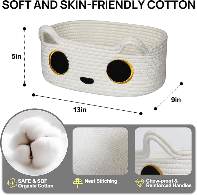 White Cat Toy Basket, Small Woven Cat Toy Storage Box with Cute Ears Handle Indoor, Cotton Rope Storage Bin with Embroidered Face for Home Decor, Pet Bed, Baby Nursery Kids Room Organization