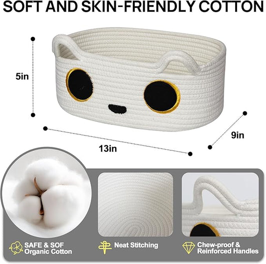 White Cat Toy Basket, Small Woven Cat Toy Storage Box with Cute Ears Handle Indoor, Cotton Rope Storage Bin with Embroidered Face for Home Decor, Pet Bed, Baby Nursery Kids Room Organization