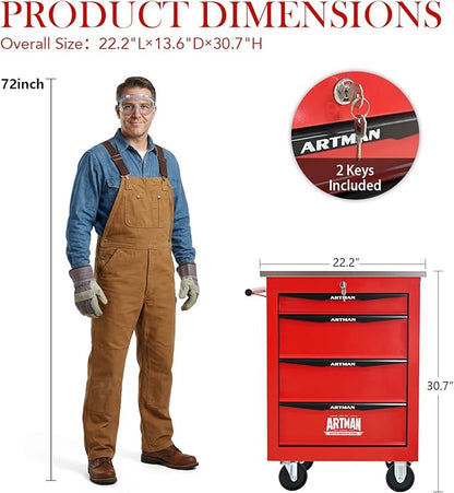 4-Drawer Rolling Tool Chest with Stainless Steel Countertop,Tool Chest with Secure Locking System,Mobile Storage Tool Cabinet with 360°Wheels and Padded Feet,for Home,Garage (Red)