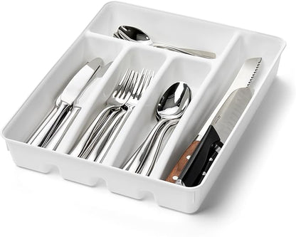 madesmart Silverware Tray, 5 Compartment Flatware Organizer for Forks, Knives & Spoons, Durable Drawer Organizer, White