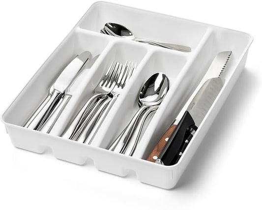 madesmart Silverware Tray, 5 Compartment Flatware Organizer for Forks, Knives & Spoons, Durable Drawer Organizer, White