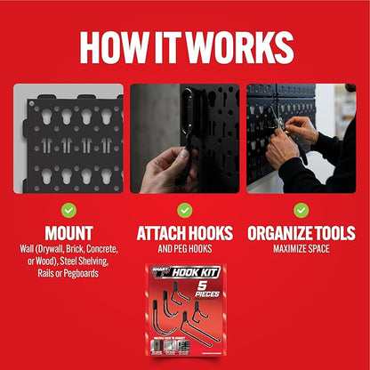 Smart T Garage Storage Hook Kit | 5 Piece Tool Organizer - Heavy Duty Organizer Wall Mount or Shelving Hooks