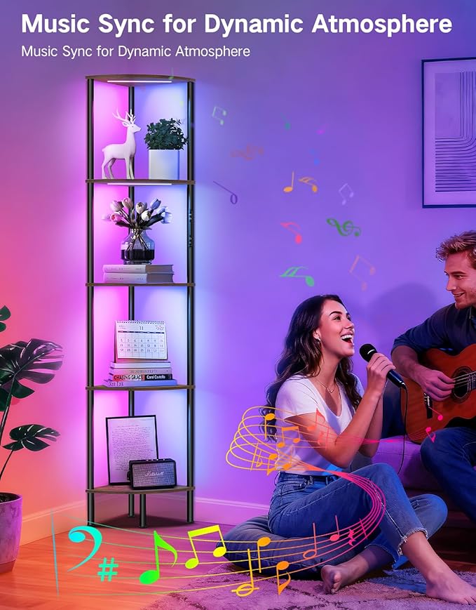 5 Tier Corner Shelf with RGB Lights, Touch & APP & Remote Control, Dimmable Narrow Corner Bookshelf with Music Sync, Display Shelf with Multiple Color Lights for Living Room, Bedroom