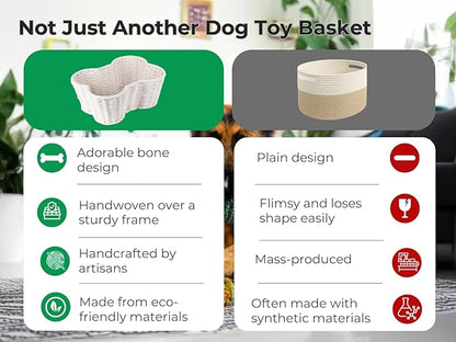 Dog Toy Basket, Handmade Dog Toy Bin, Bone Shaped Pet Organizer, Cat Storage Box (Cotton Rope, 17x13in)